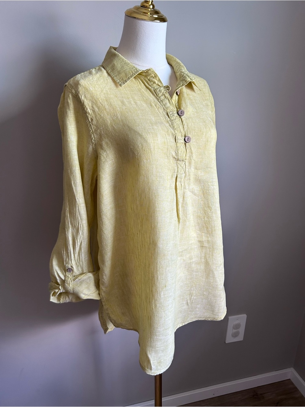 100% Linen Light Yellow green Linen Button-Front Tunic summer earthy lagenlook